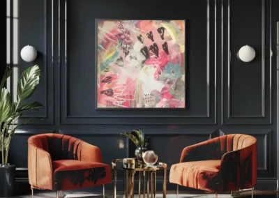 Heart art abstract painting by NC artist Valerie Lorraine - sitting room setting